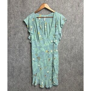Feather Bone by Anthropologie Butterfly Print Ruffle Wrap Dress Green Large